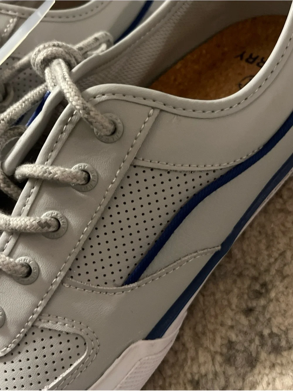 Sperry Men’s Light Gray Perforated Boat Shoes with Blue Accent